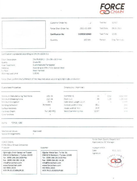 KESİLMEZ MOTORSİKLET VE YÜK ZİNCİRİ 13 MM GRADE G80